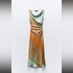 Zara Tie Dye Print Midi Dress Tan and Green Long Cowl Neck size M